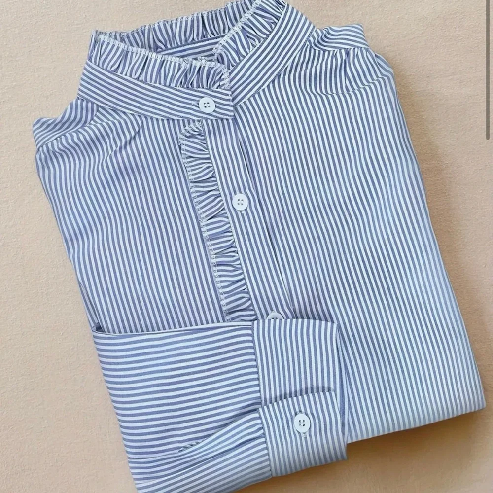 Striped Ruffle-Front Blouse - Blue/White - Picture 2 of 3